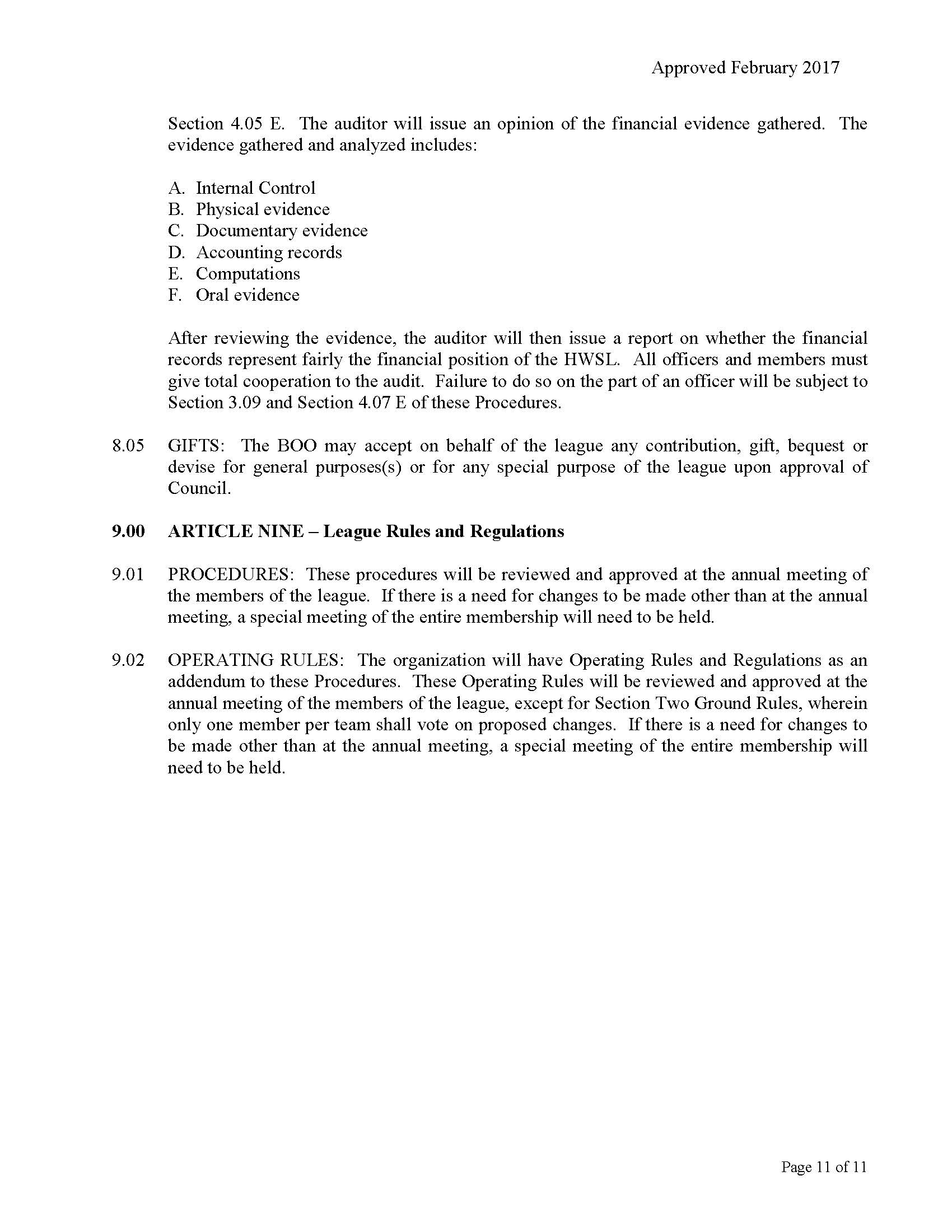 Procedures Houston Women's Softball League