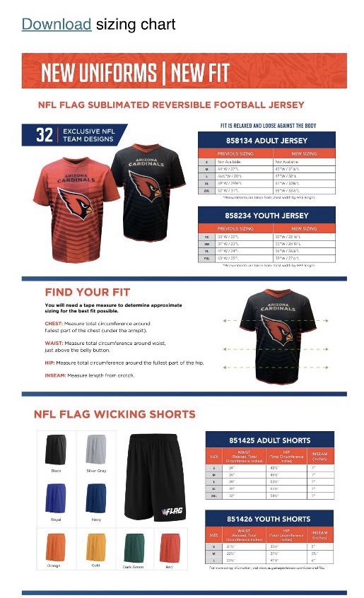 NFL Flag Uniform Sizing Chart