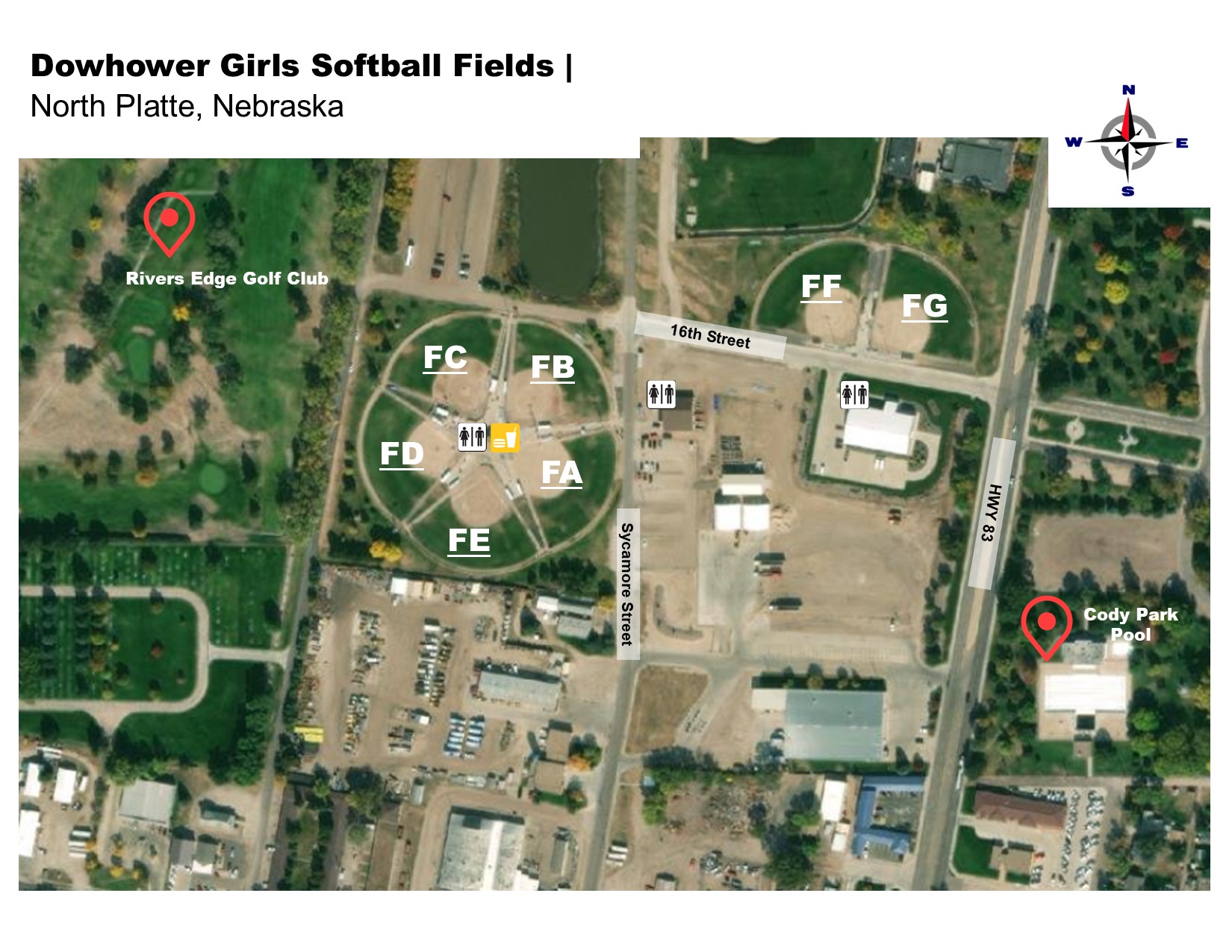 dowhower softball complex, field map, platte valley girls softball association, play north platte, city of north platte, nebraska, ne