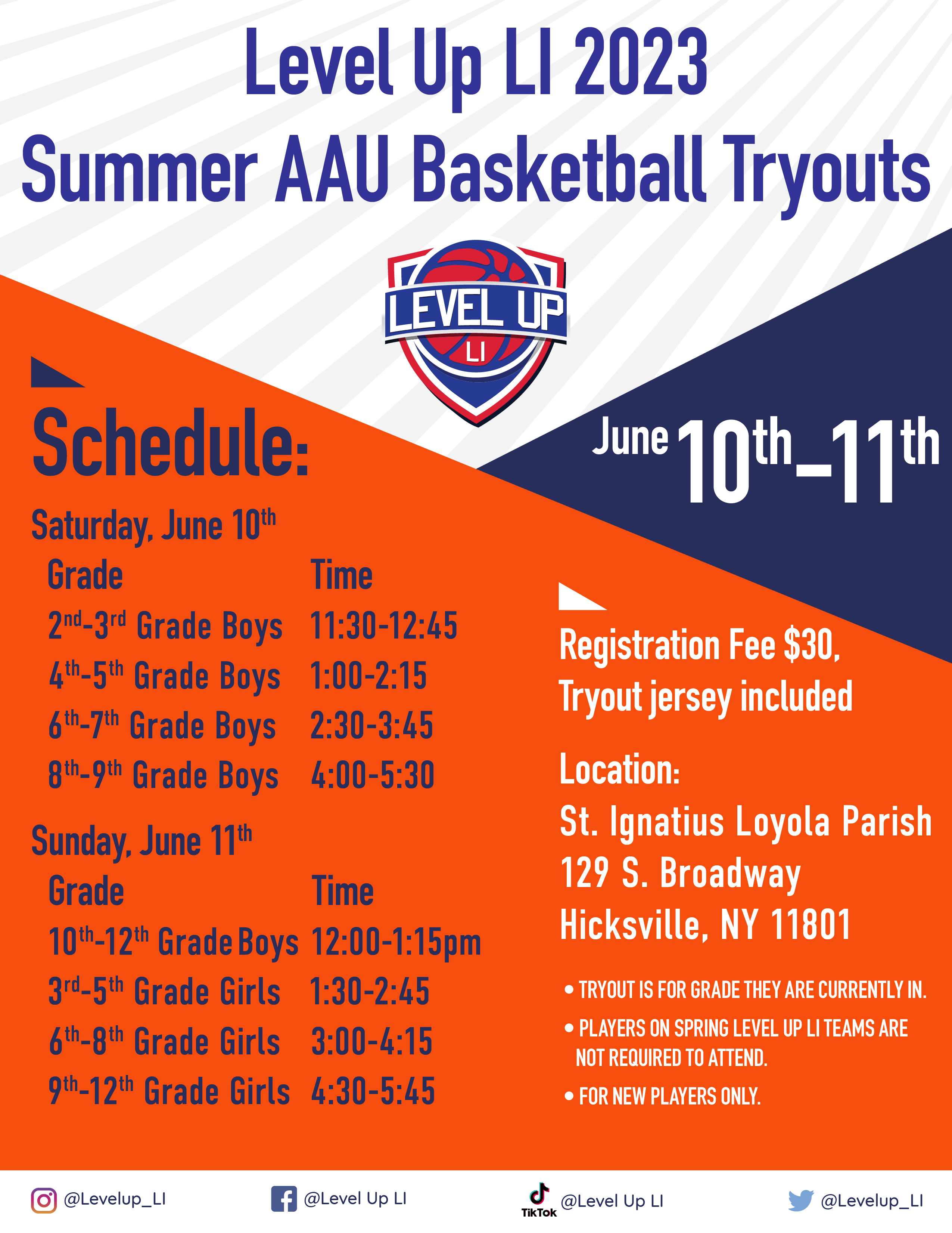 Level Up LI Summer AAU 2023 Basketball Tryouts Registration Level