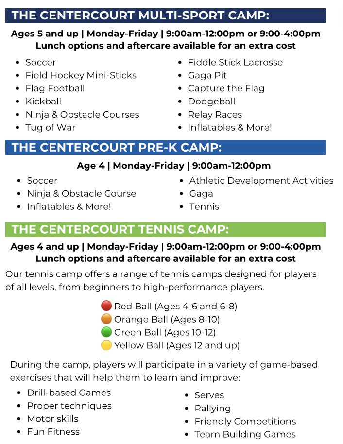 Summer Multisport, Tennis or Combination Camp 2024 Centercourt Marlboro
