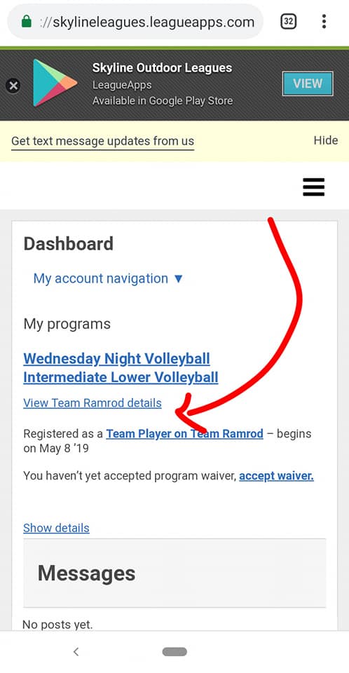 Find your volleyball schedule in your dashboard - step one