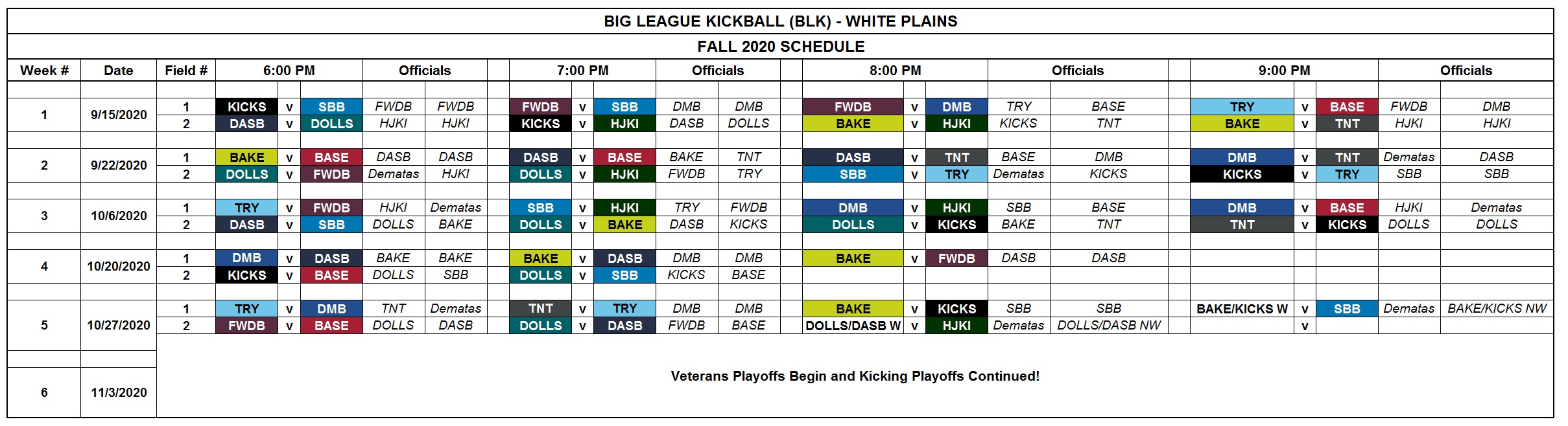 2020 Fall White Plains Kickball (Tues) Big League Kickball