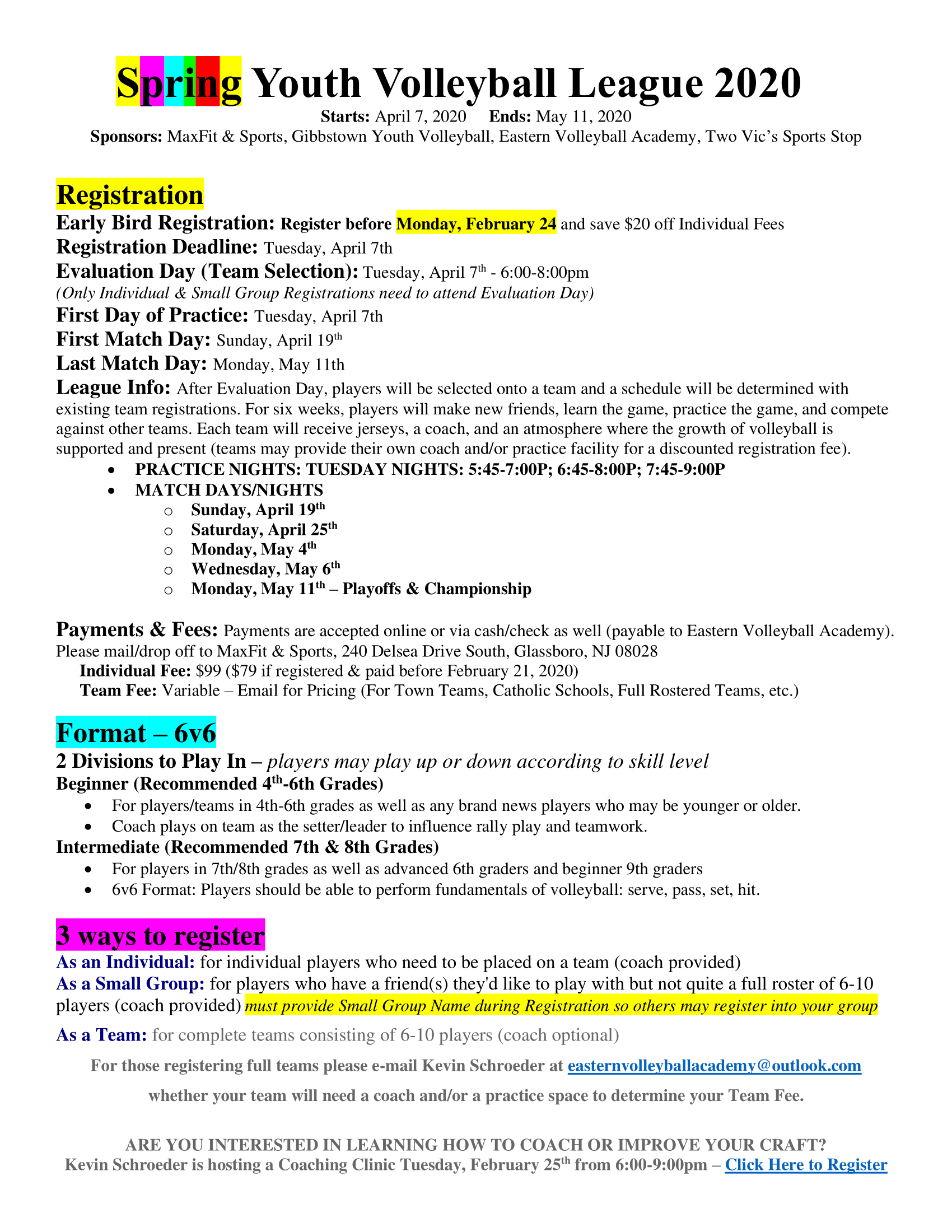 Spring Volleyball League 2020 (CLICK FOR DETAILS) Eastern Volleyball