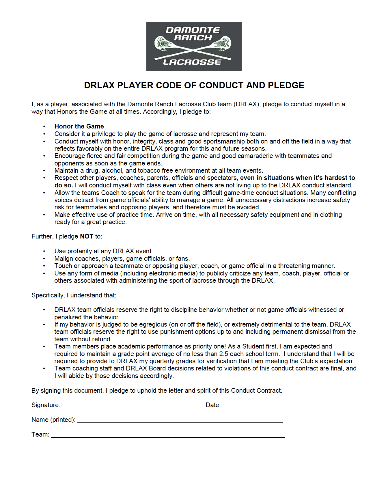 Code of Conduct Forms Damonte Ranch Lacrosse Club