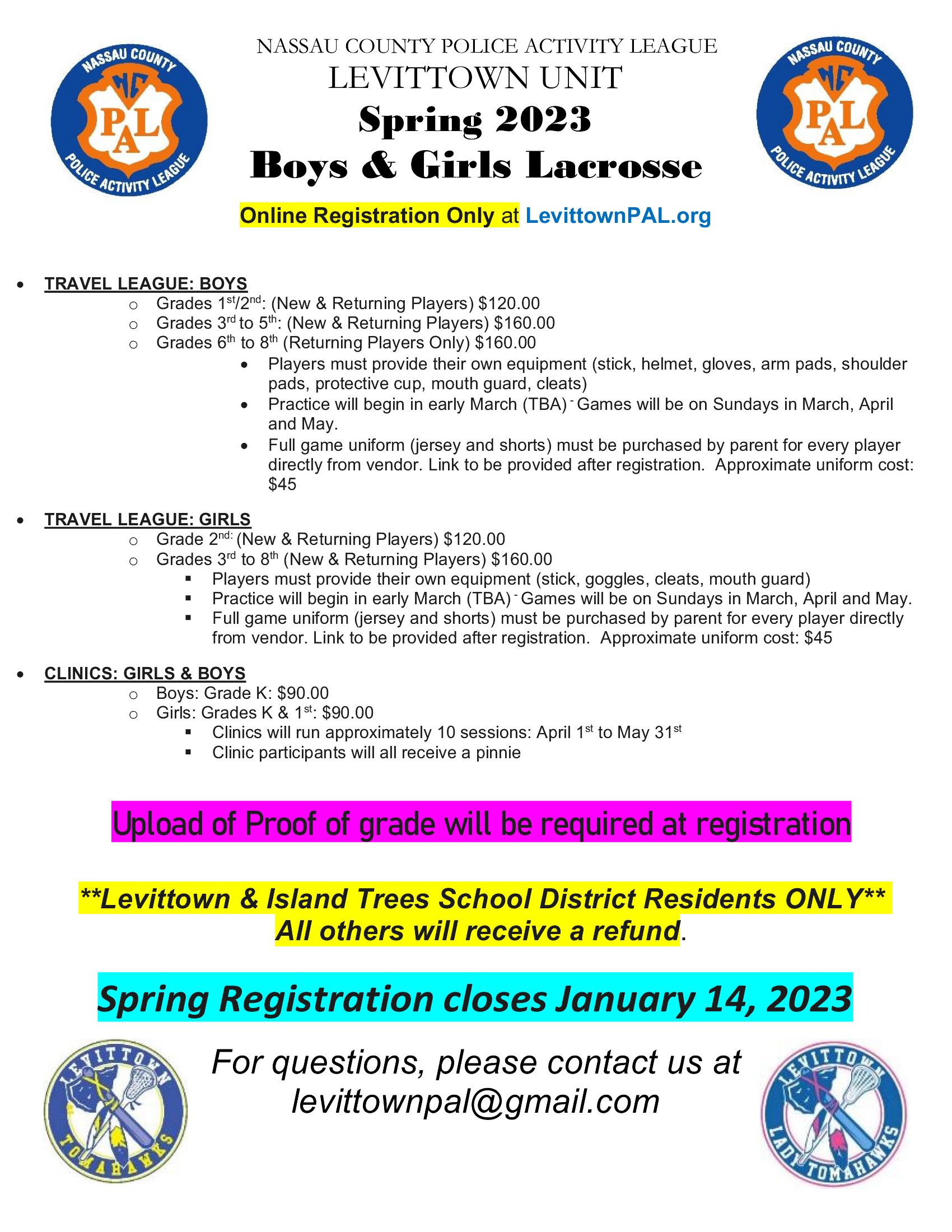 2023 Spring Lacrosse / Clinics & Travel / Boys & Girls / Grades K to 8