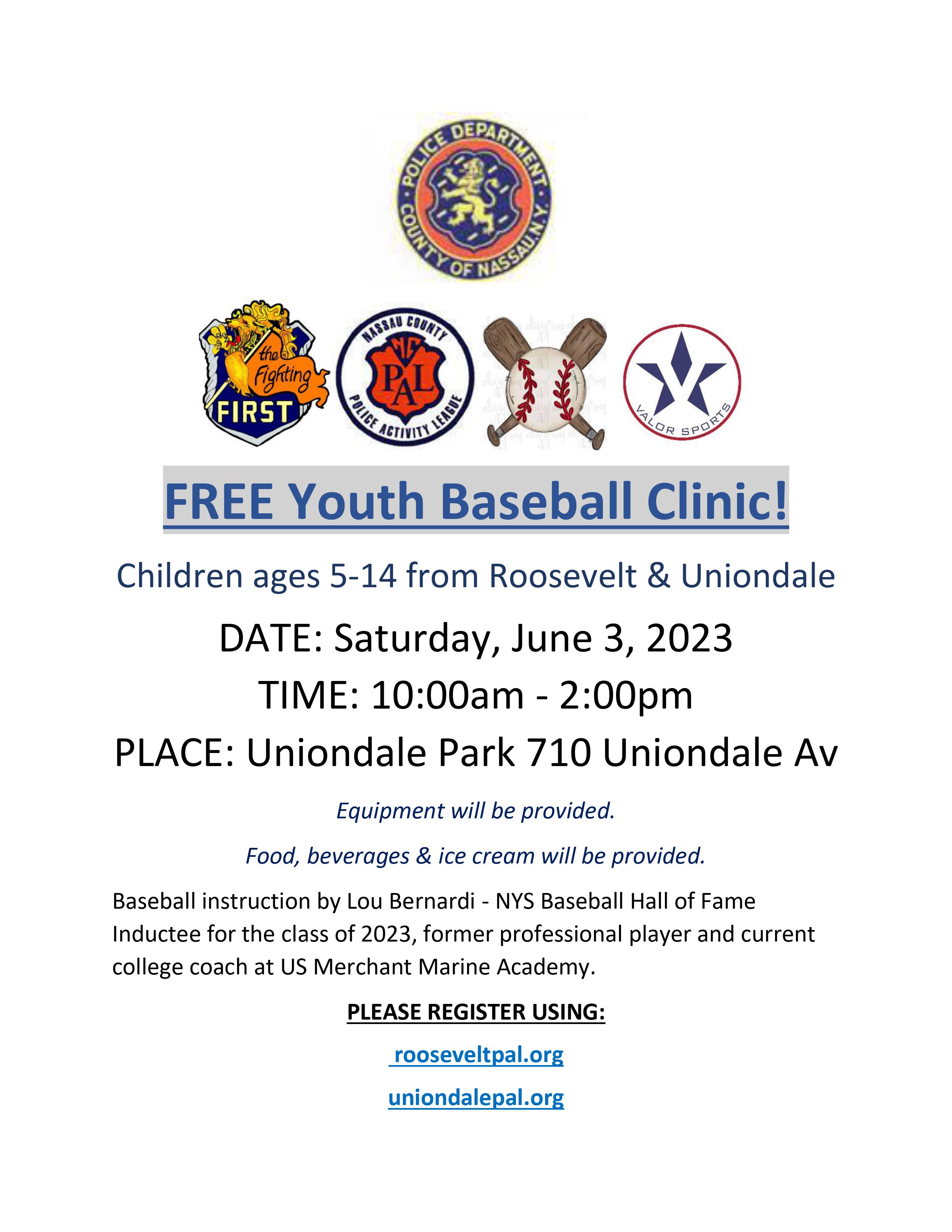 2023 FREE Baseball Clinic Boys & Girls Ages 5 to 14 : NCPAL Uniondale Unit