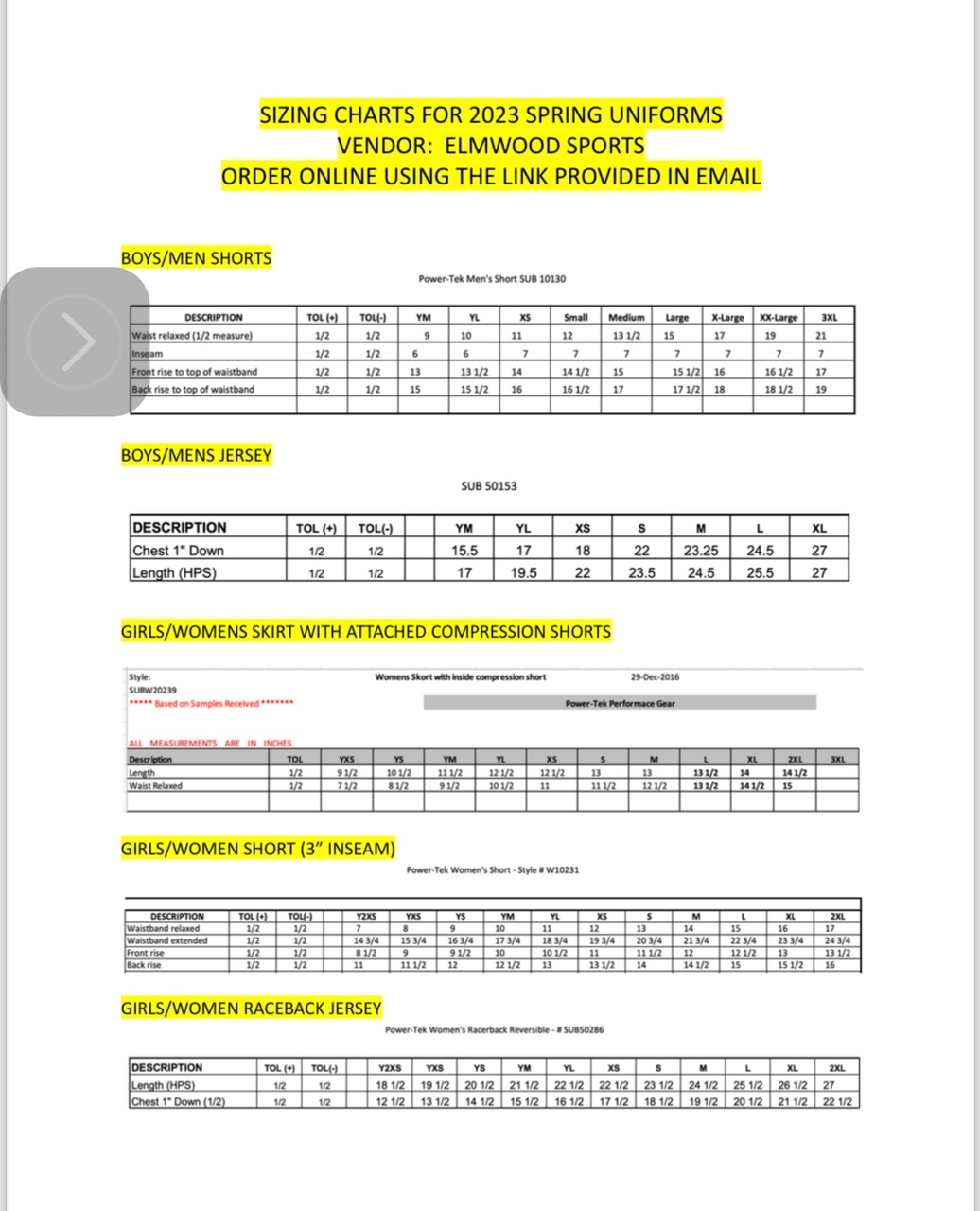 Uniform Size Chart Warwick PAL Lacrosse