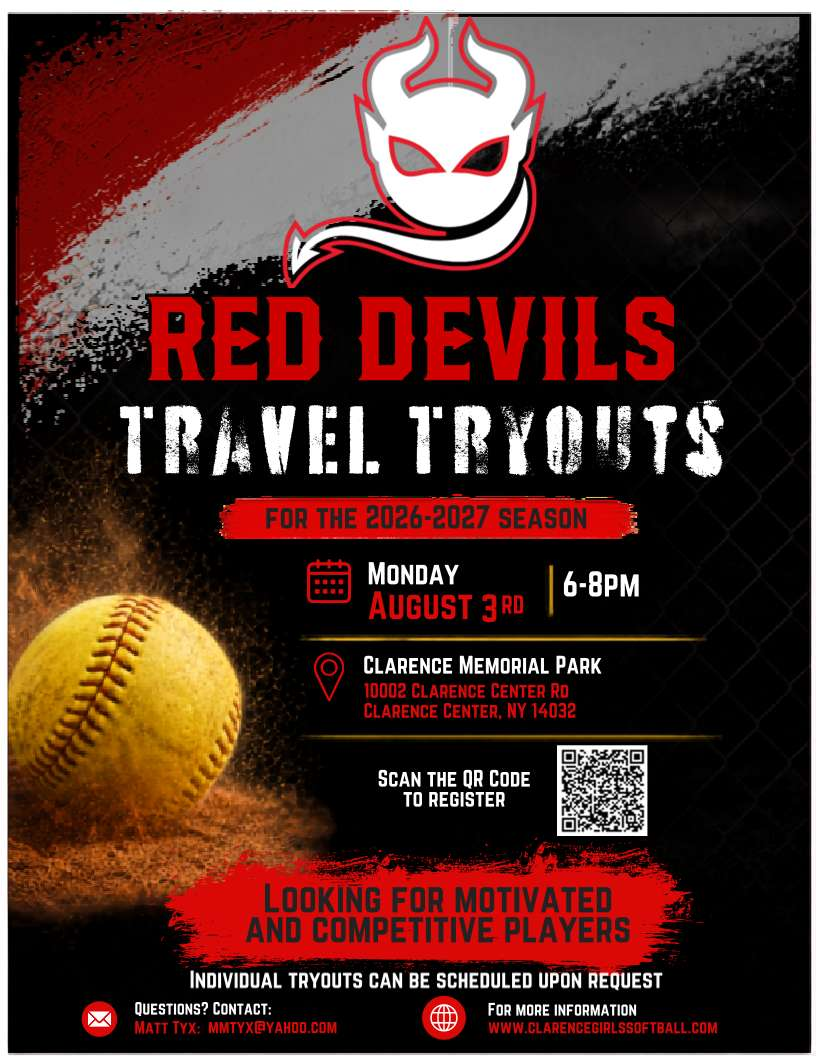 Red Devils Travel Tryouts - Monday, August 3rd, 6-8pm at Clarence Memorial Park
