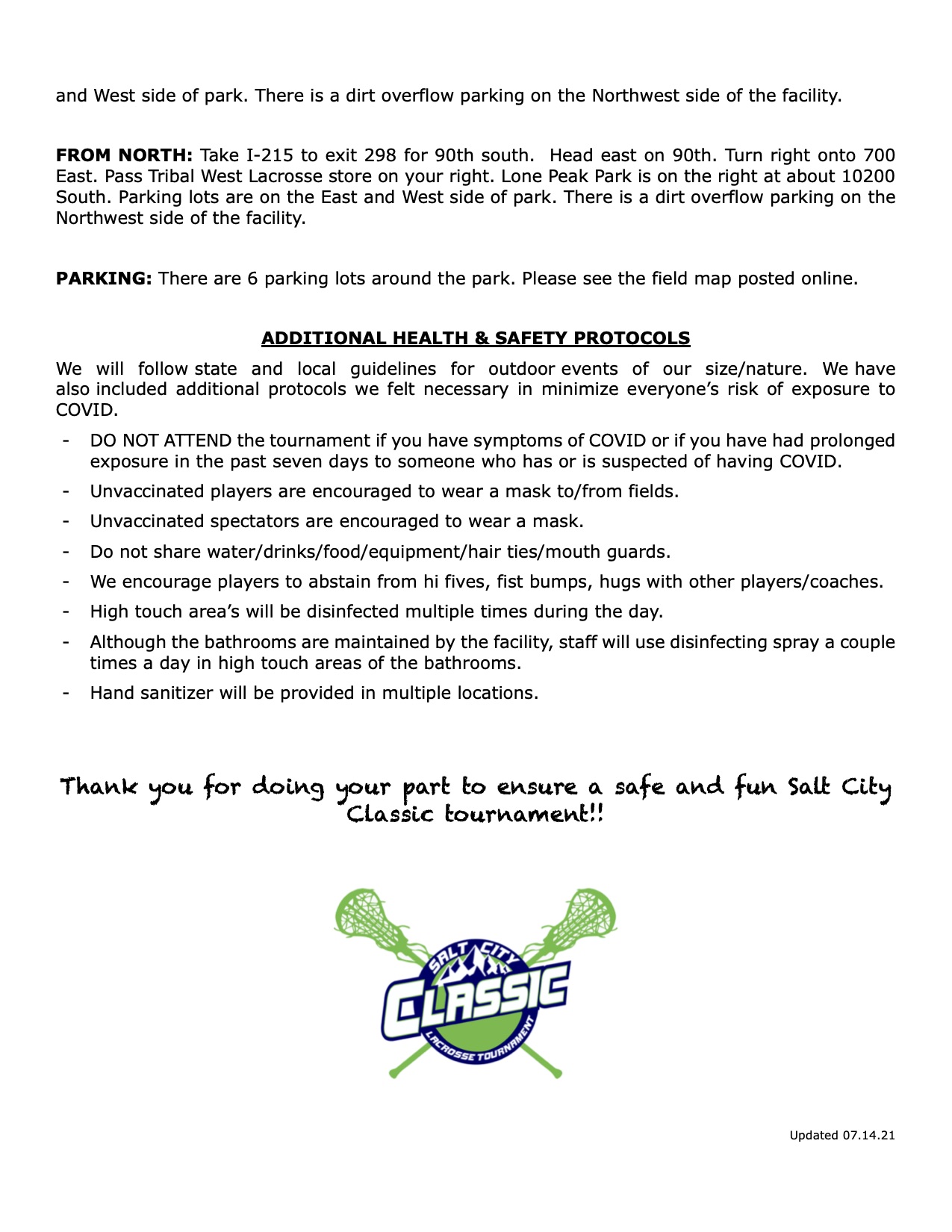 Salt City Classic Tournament Rules and Safety Protocols Tribe Lacrosse
