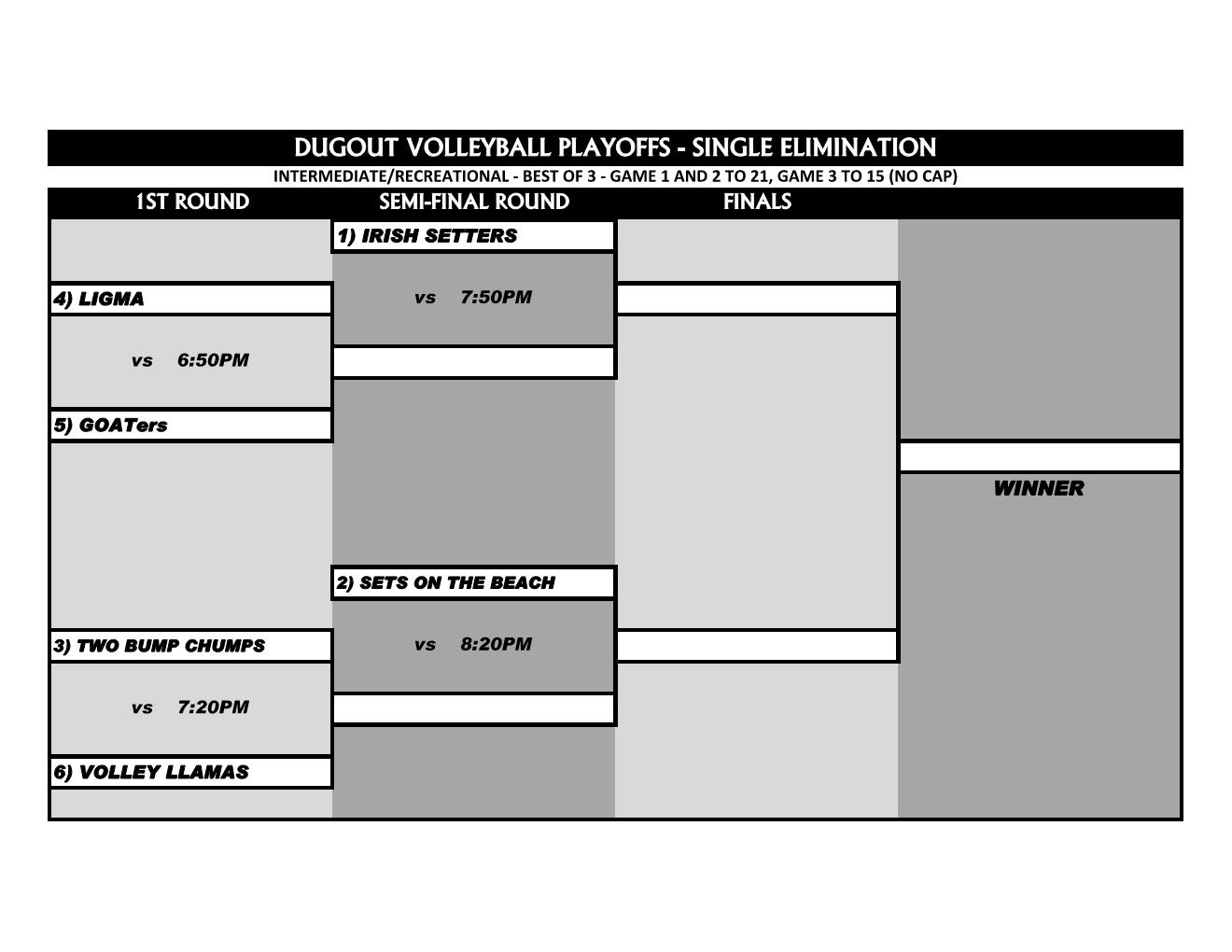 Volleyball PLAYOFFS The Dugout Bar & Sports Complex