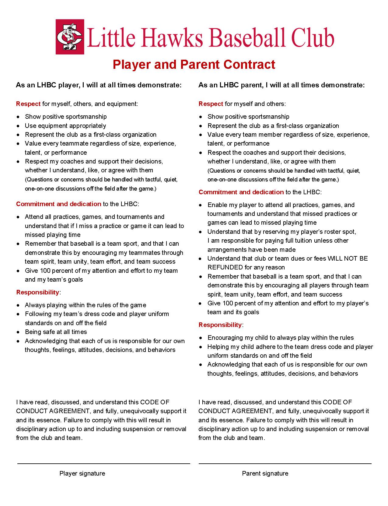 LHBC Player and Parent Contract : Little Hawks Baseball Club